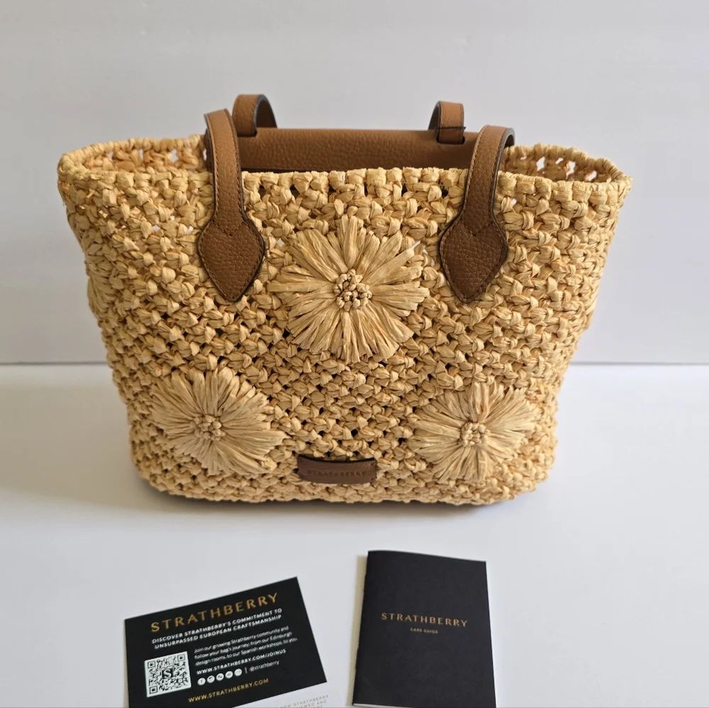 Strathberry Floral Raffia Basket Tote Straw Tan - Picture 2 of 15